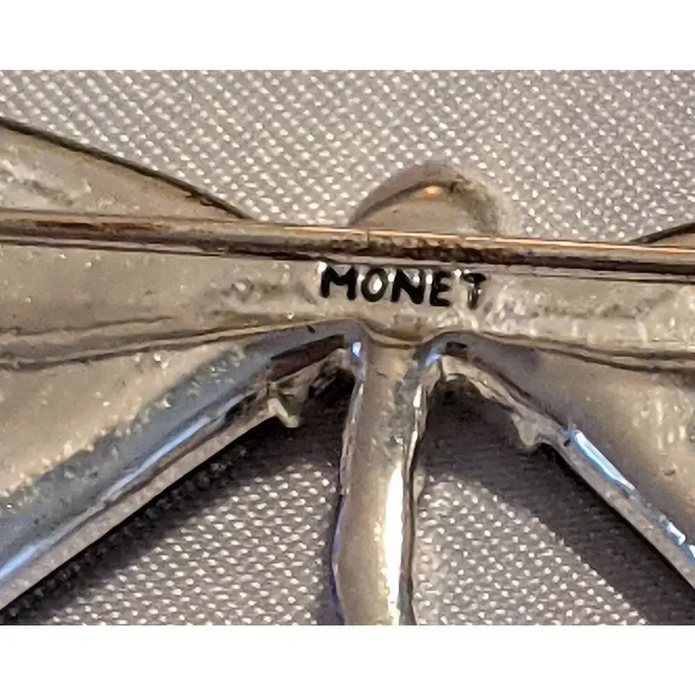 Monet Dragonfly Brooch Pin Gray Mother of Pearl Rhinestone Silver Tone Signed